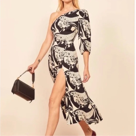 Reformation Persephone Print One Shoulder High Slit Midi Dress Sz 4 - Picture 13 of 14